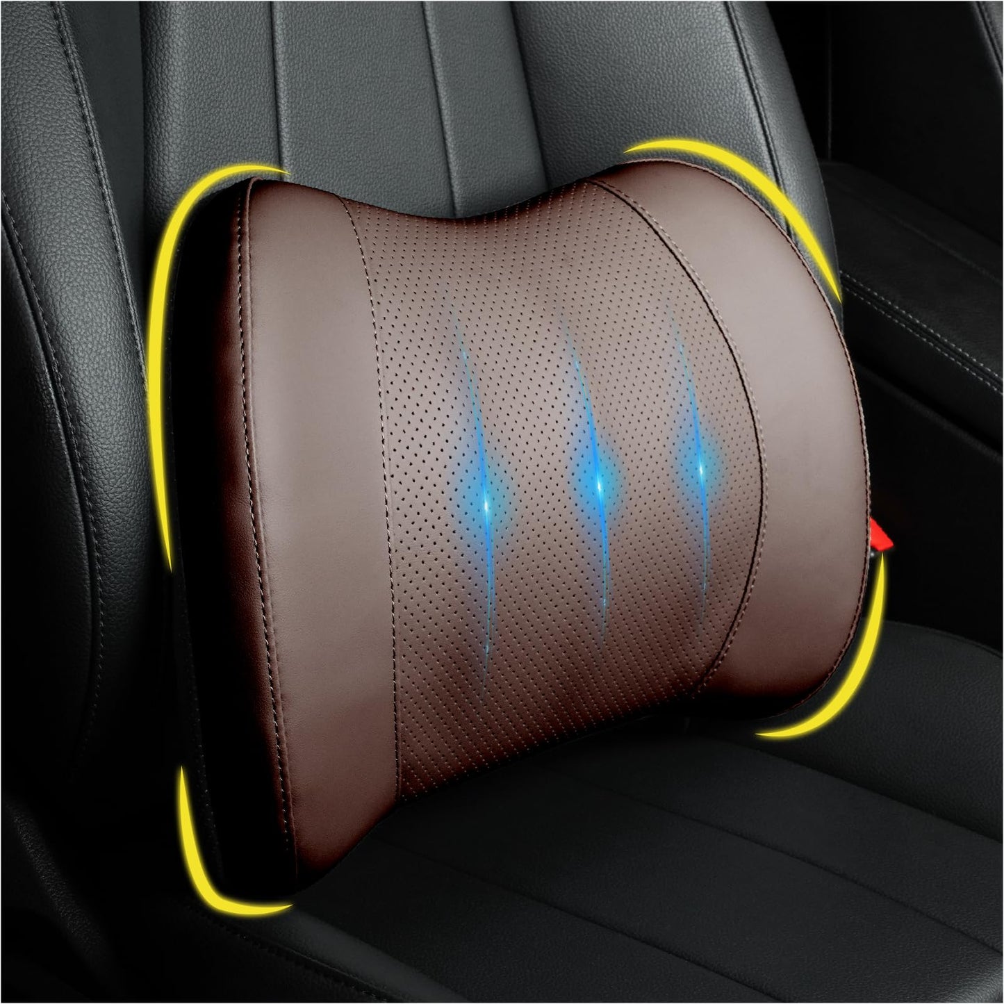 Lumbar Support Pillow: Memory Foam Lumbar Pillow for Lower Back Pain Relief - Car Back Cushion for Driving - Lumbar Support for Car-Office Chair, Wheelchair - Leather Brown