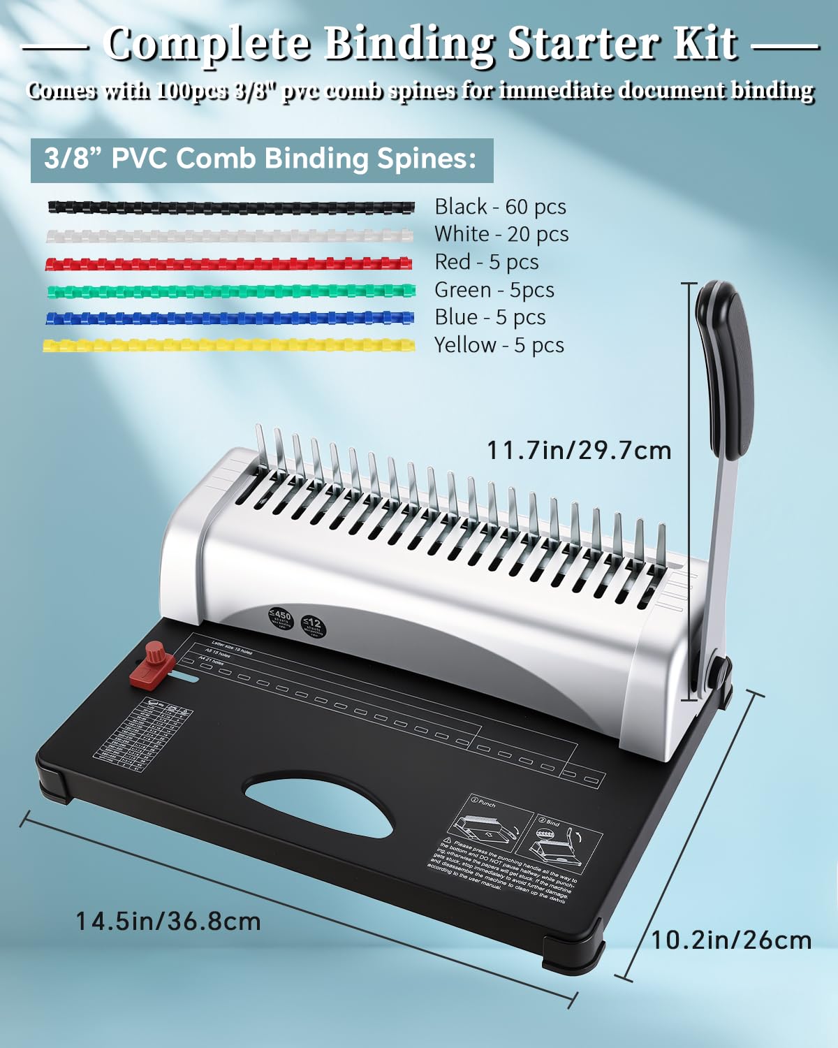 ATPEAM Comb Binding Machine 21-Holes 450 Sheets Capacity with 100 PCS 3/8'' Spines Comb Binding Machine for Letter Size, A4, A5