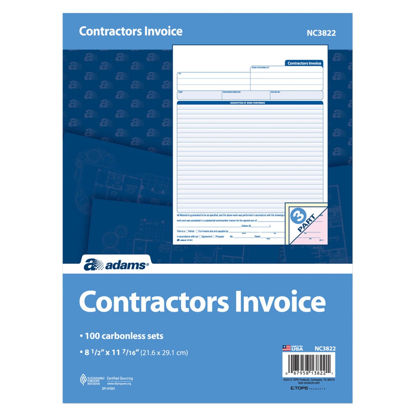 Adams Contractor Invoice Forms, 8.5 x 11.44 Inch, 3-Part, Carbonless, 100-Pack, White, Canary and Pink (NC3822)