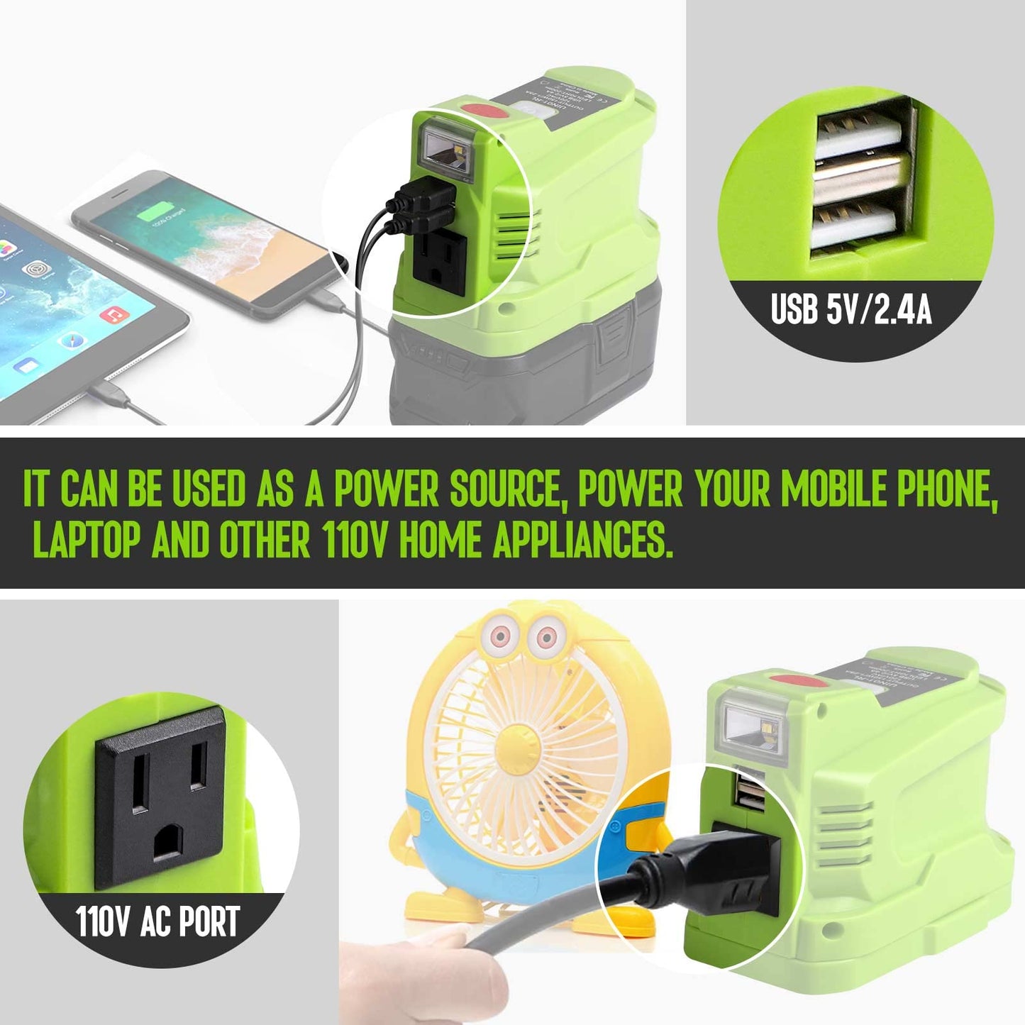 BTRUI for Ryob Powered Inverter Generator 150 Watt for Ryob 18V Battery, to 110v/120v AC Output, Portable Power Source USB Charger Adapter, for Ryob Power Station with LED Light