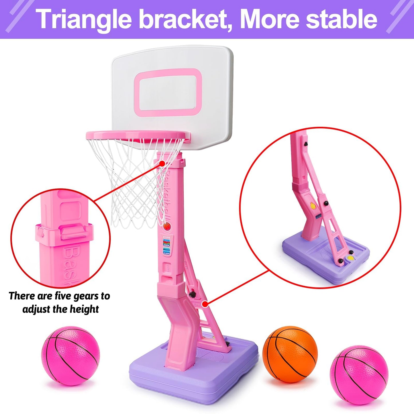 Basketball Hoop Indoor for Toddler, Adjustable Portable Basketball Hoop Set, Poolside Outdoor Backyard Outside Basketball Game Toy for Kids Age 3 4 5 6 7 8 (Pink Hoop)