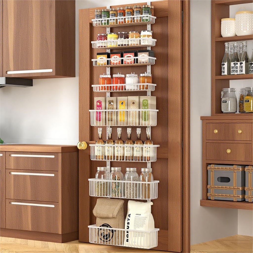 Moforoco Over The Door Pantry Organizer, Pantry Door Organizer Shelves, Kitchen Organizers and Storage, Hanging Basket Wall Spice Rack Seasoning Shelves, Laundry Room Bathroom accessories（White