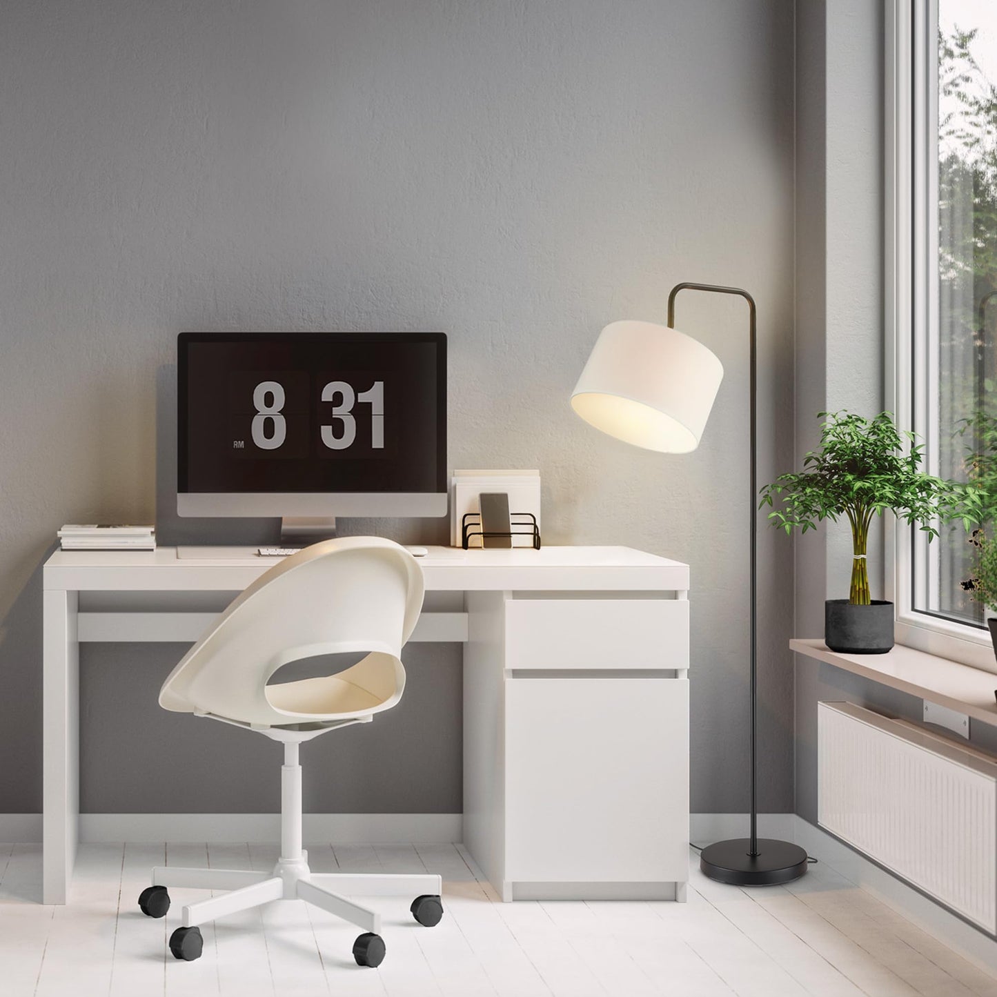 Globe Electric 67065 Barden 58" Floor Lamp, Matte Black, White Linen Shade, On/Off Socket Rotary Switch