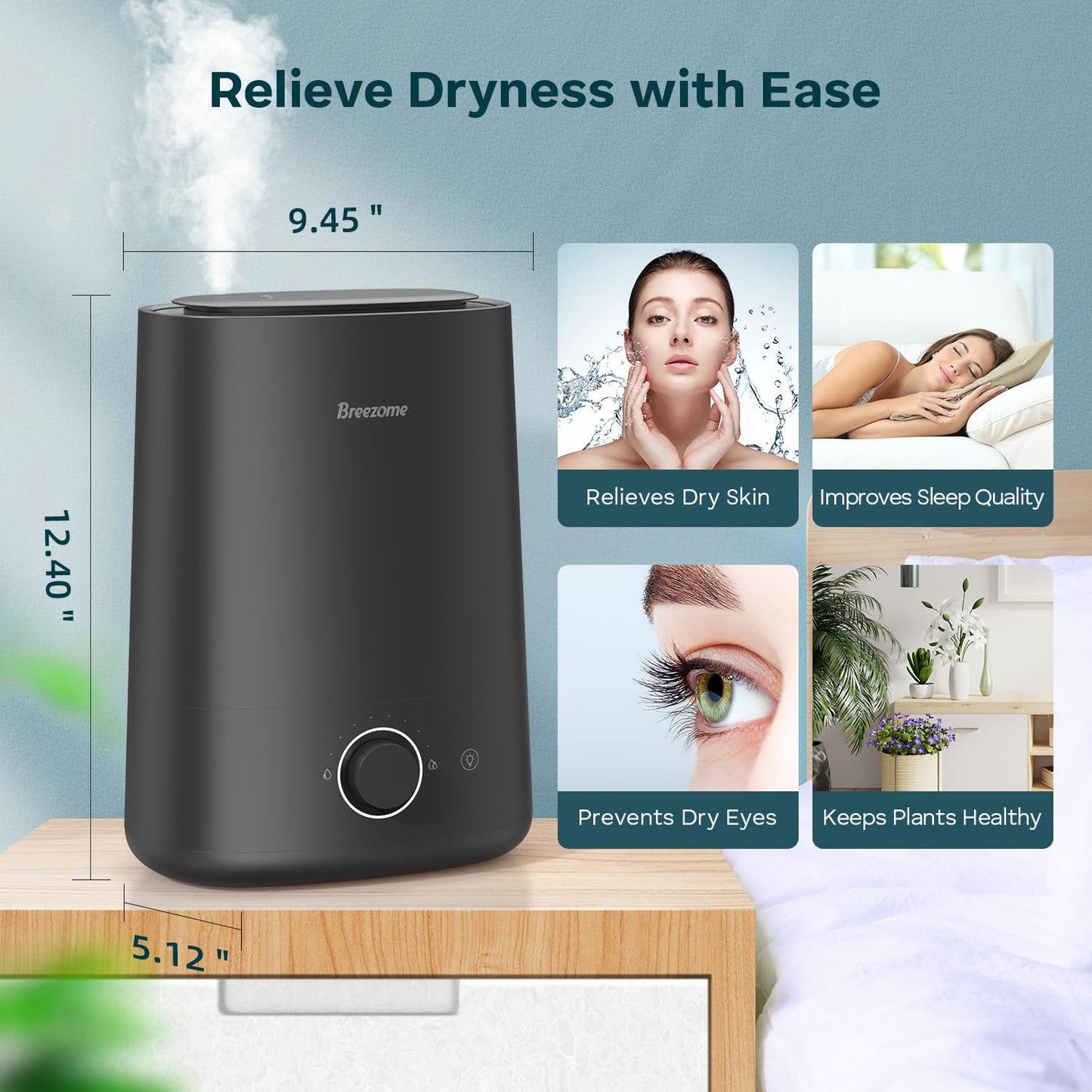 BREEZOME Humidifiers for Bedroom Large Room, 5L Cool Mist Top Fill Humidifier & Aroma Diffuser with Auto Shut-off, 360°Nozzle, 50H Runtime, Quiet Ultrasonic Humidifiers for Baby Nursery, Plants, Home