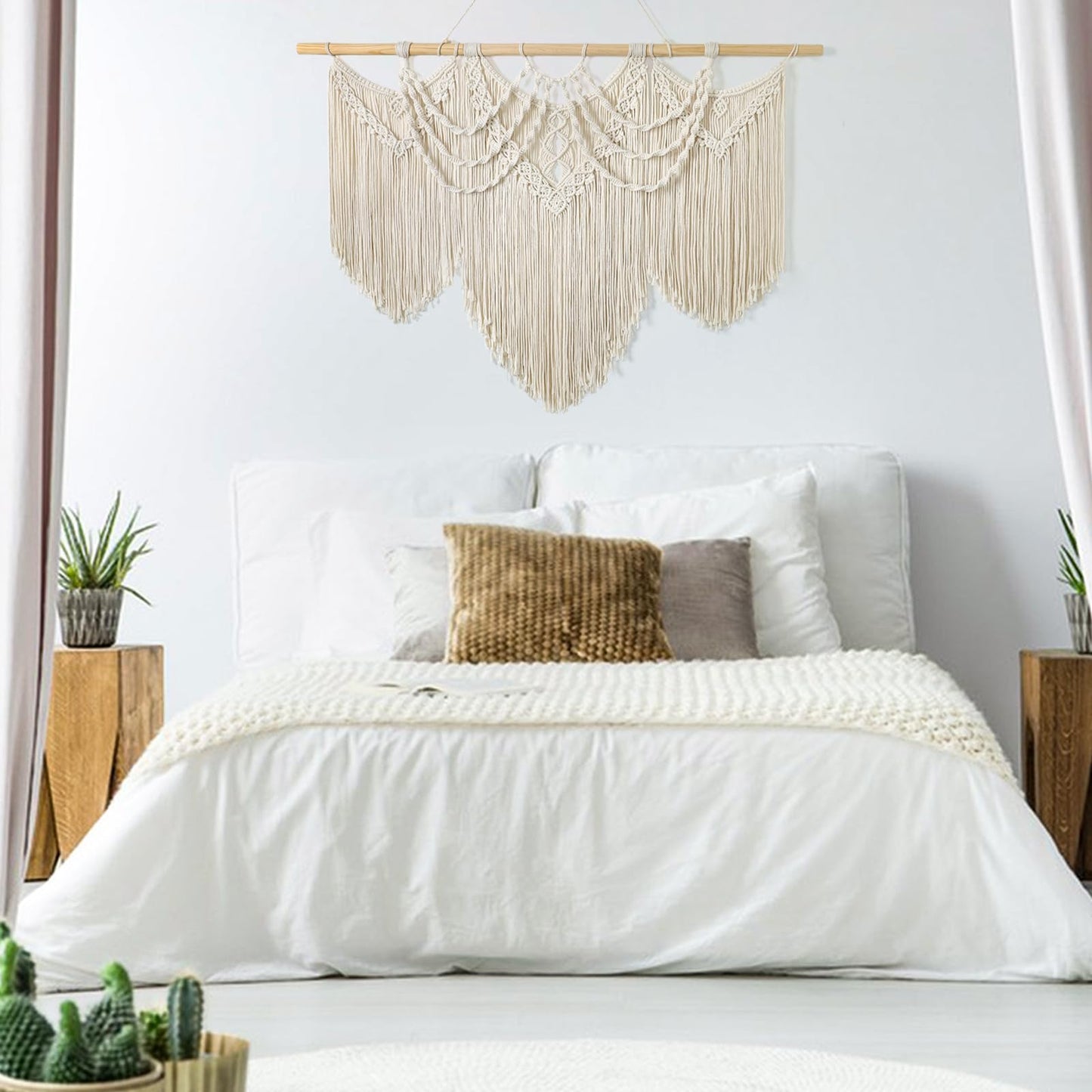 Betylifoy Macrame Wall Hanging Large Boho Chic Woven Tapestry Beige Tassel Tapestry Cotton Rope Woven Wall Art Decor for Bedroom Living Room Apartment Dorm Backdrop (Beige-fringe)
