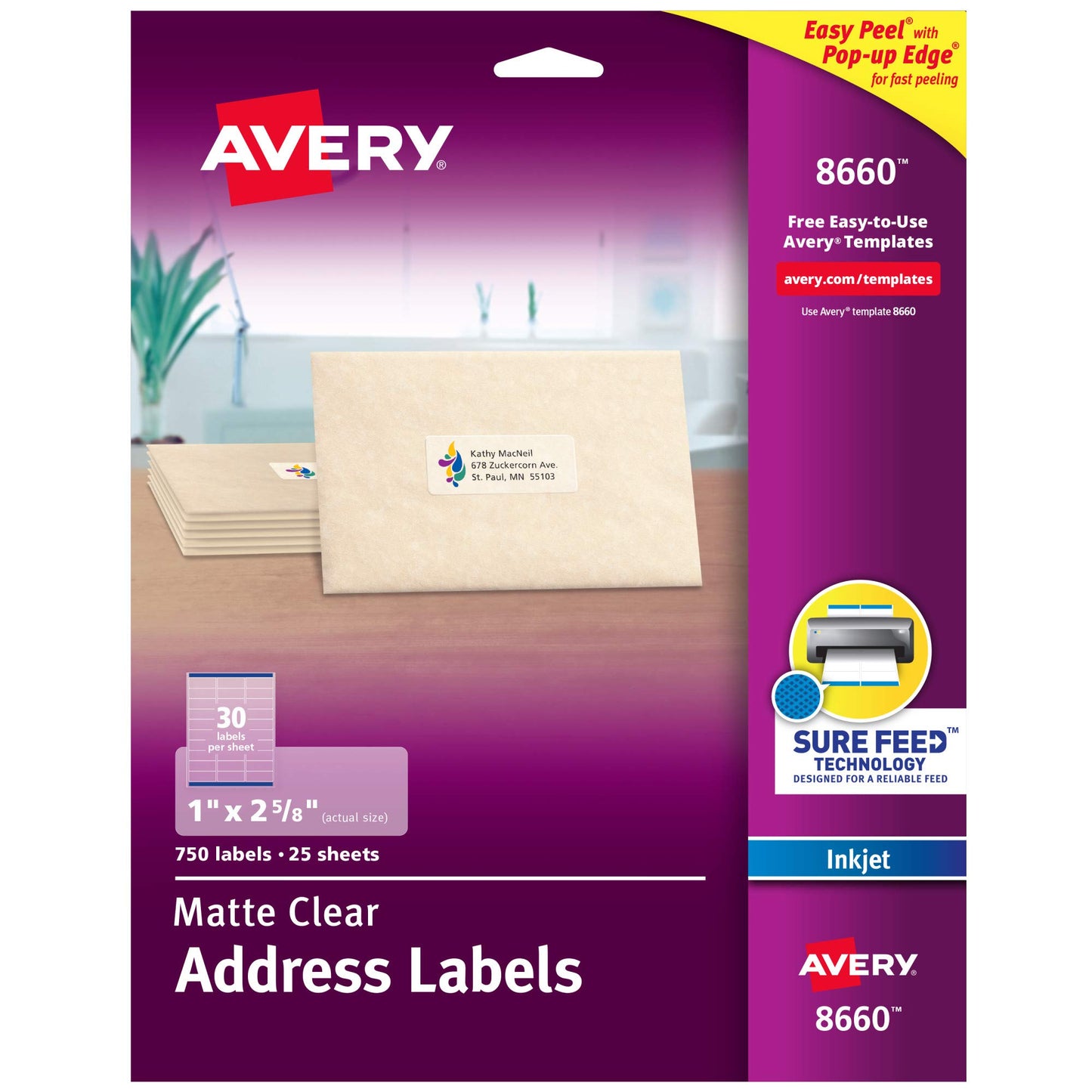 Avery Easy Peel Address Labels for Inkjet Printers, 1 x 2.625 Inches, Clear, Pack of 750 (08660)