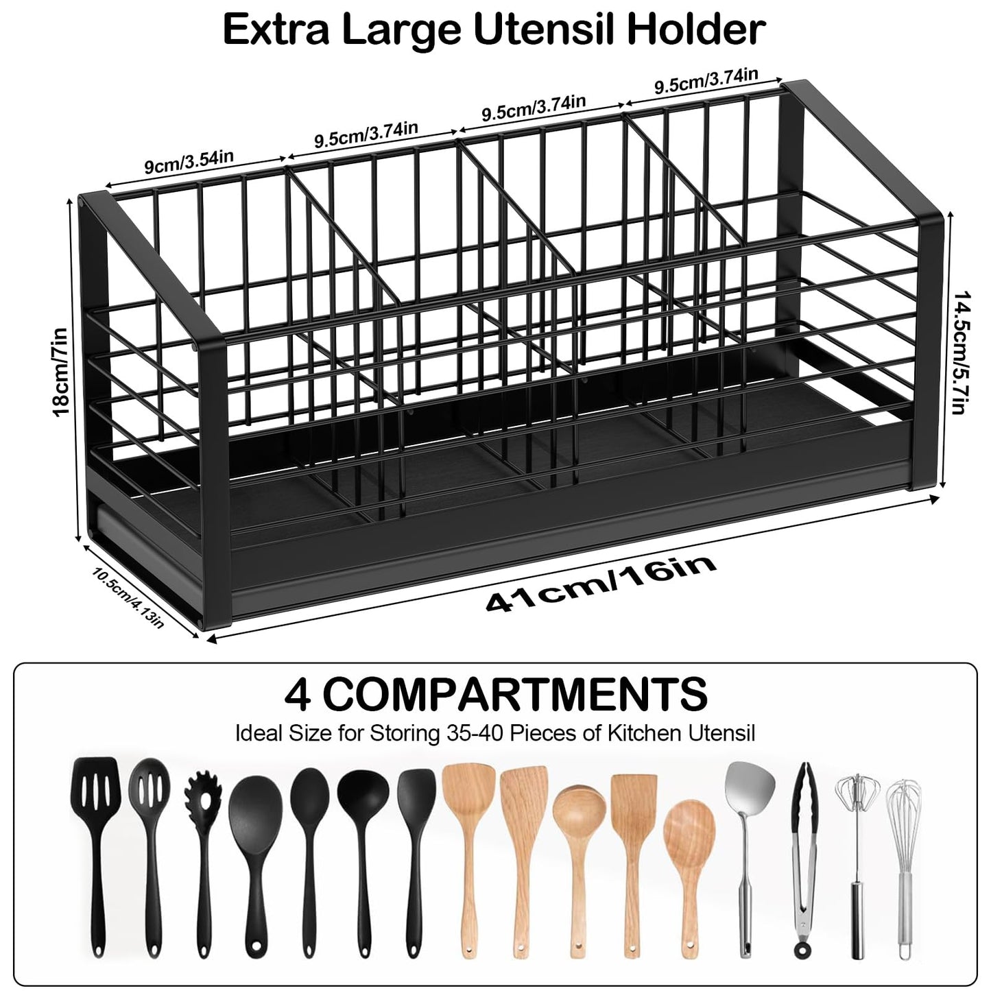 PENGARO Extra Large Utensil Holder for Kitchen Counter, Kitchen Cooking Utensil Holder Organizer with Drying Diatomaceous Earth Base, Cooking Tools Utensil Crock Storage for Countertop, 4 Compartments