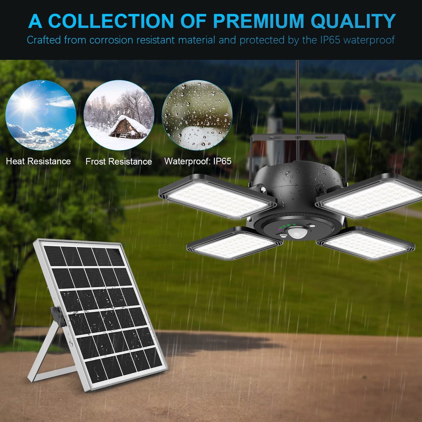 Solar Pendant Light Outdoor Indoor Solar Powered Motion Sensor Shed Light,144LED 1200LM Daytime Work Light with 5 Lighting Modes Remote Control 4 Heads Light for Garage Gazebo Barn