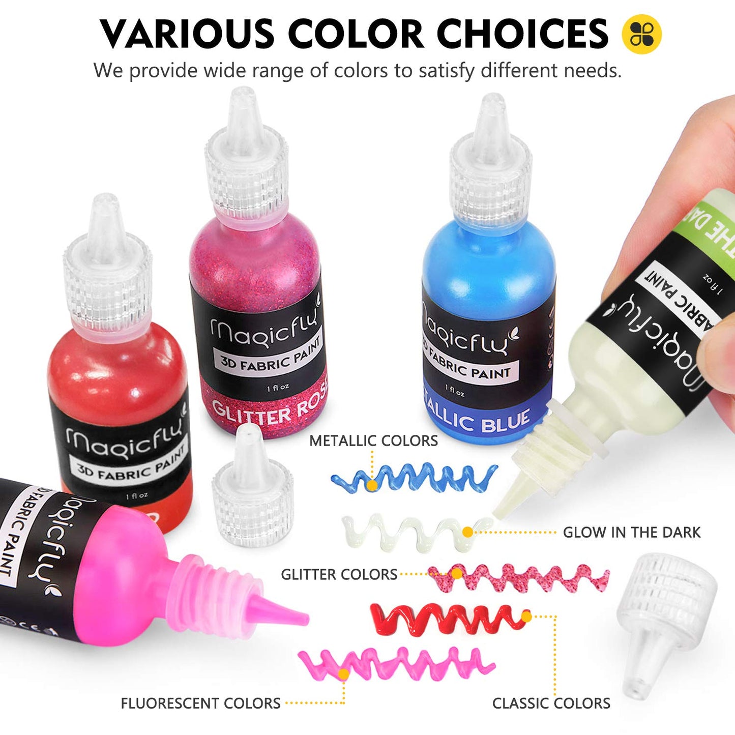 Magicfly 3D Fabric Paints, 40 Colors Puffy Paint Set with Fluorescent, Glow in The Dark, Glitter, Metallic Colors, Permanent Textile Paint for Clothing, T-Shirt, Glass, Wood