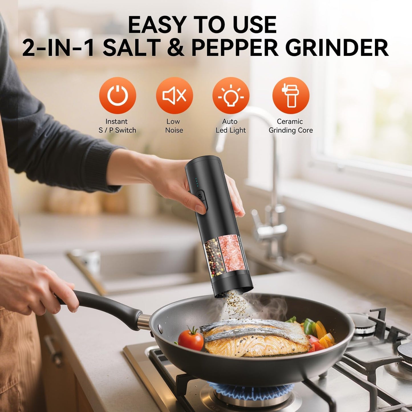 HeatBay 2 in 1 Electric Salt and Pepper Grinder Set, USB Rechargeable, Automatic Salt and Pepper Mill Shakers with Battery Display, LED Light, Adjustable Coarseness(Black)