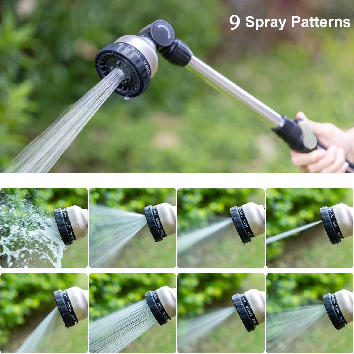 FANHAO Metal Garden Hose Wand, 16-Inch Heavy Duty Watering Wand with 9 Spray Patterns, 180° Rotating Long Garden Hose Nozzle Thumb Flow Control, Ideal to Water Hanging Baskets and Shrubs -Black