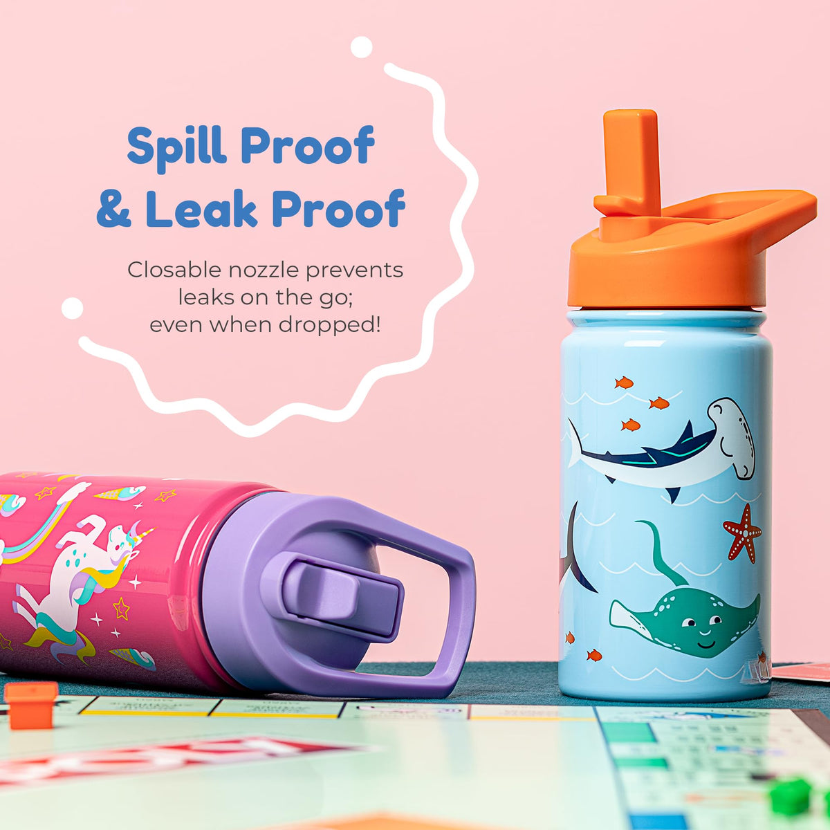 BOZ Kids Insulated Water Bottle with Straw Lid - Two-Pack Bundle, Construction/Safari, Stainless Steel Vacuum Double Wall Water Cup, 14 oz (414ml). Scratch-Resistant and Carry Handle, Dishwasher-Safe