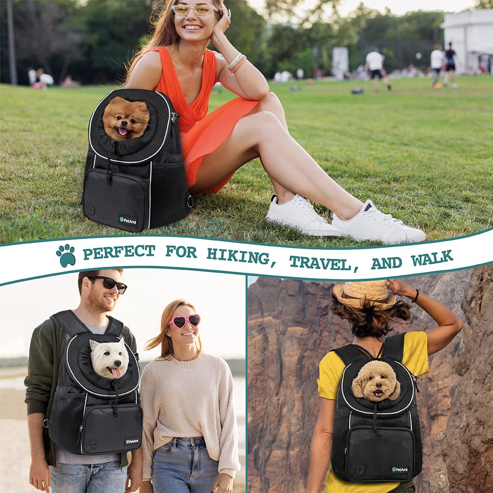 PetAmi Front Carrier Backpack for Dogs and Cats, Adjustable Ventilated Pet Chest Carrier for Hiking, Camping, Travel, Small to Medium Pets, Max 15 lbs, Black