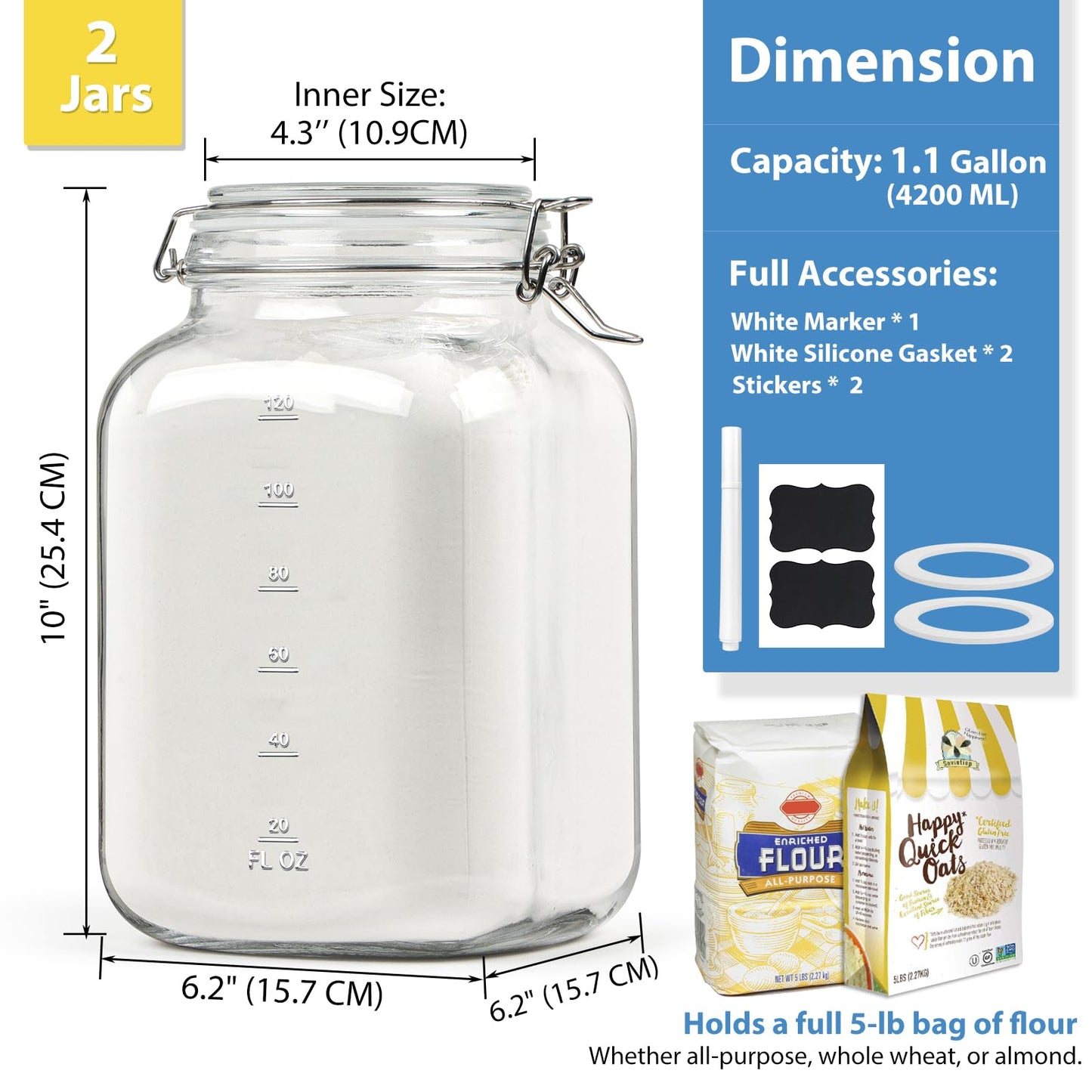 Sovietiep Wide Mouth Large Glass Jar with Airtight Lid, 1 Gallon Glass Jar w Hinged Lids and Scale Marks, Large Mason Jars w Labels and Gasket(for Kitchen Storage, Pickling, Fermenting), Set of 2