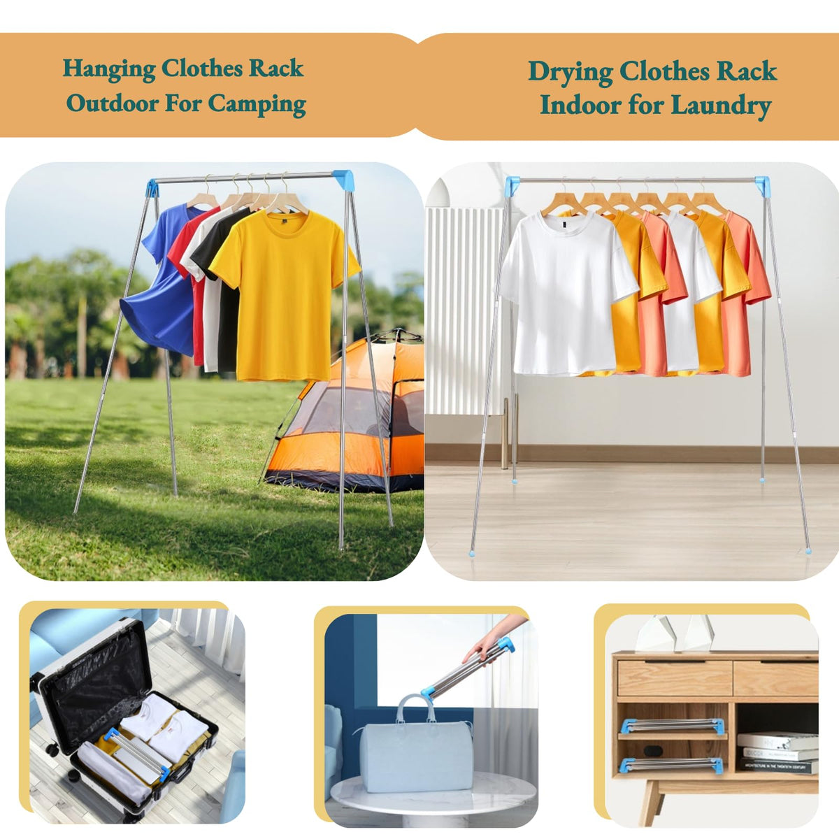 Portable Garment Rack for Travel, Mini Clothing Rack Foldable Compact for Camping, Dance Costume, Laundry, Hotel (Large)