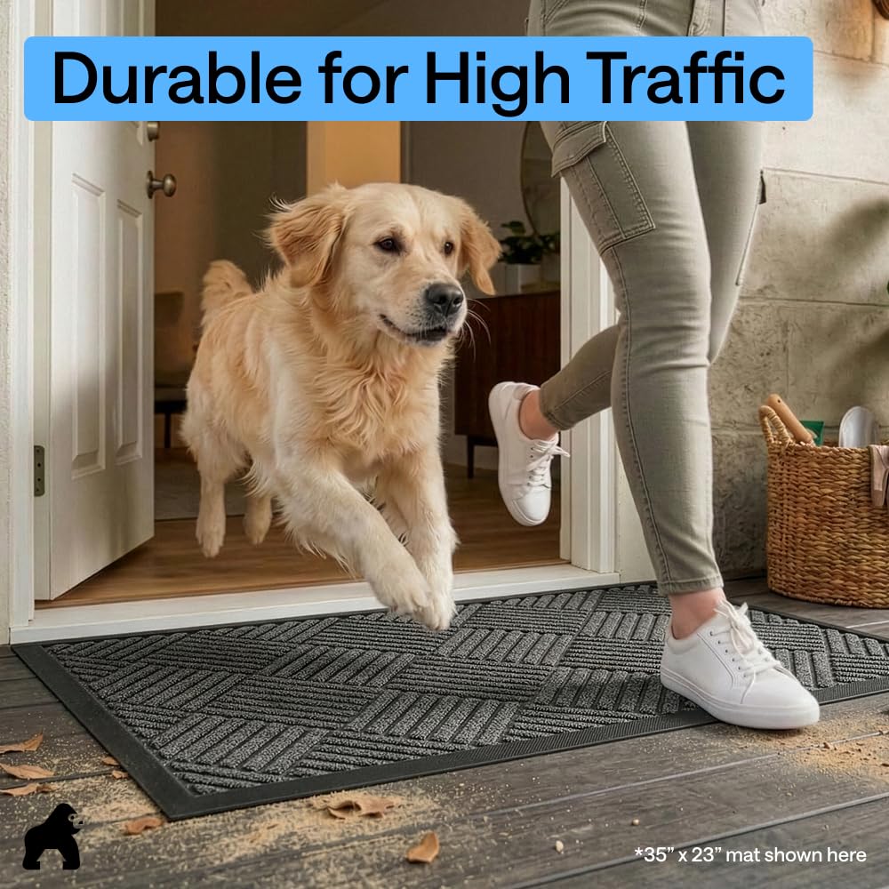 GORILLA GRIP Durable Natural Rubber Door Mat, Waterproof, 23x35, Low Profile, Heavy Duty Welcome Doormat for Indoor and Outdoor, Easy Clean, Rug Mats for Entry, Patio, Busy Areas, Gray Diamond