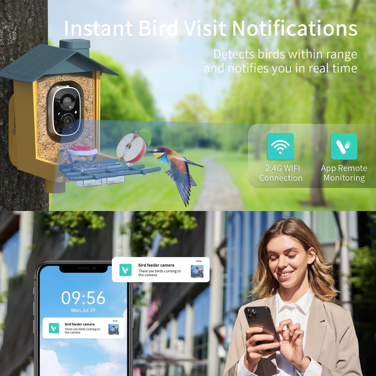 oddkont Bird Feeder with Camera - Smart Bird Feeder Camera with AI Identify Bird Species, Auto Record Bird Video, Instant Notifications, 2K Video Live Stream Camera with Solar Panel for Birds Lover