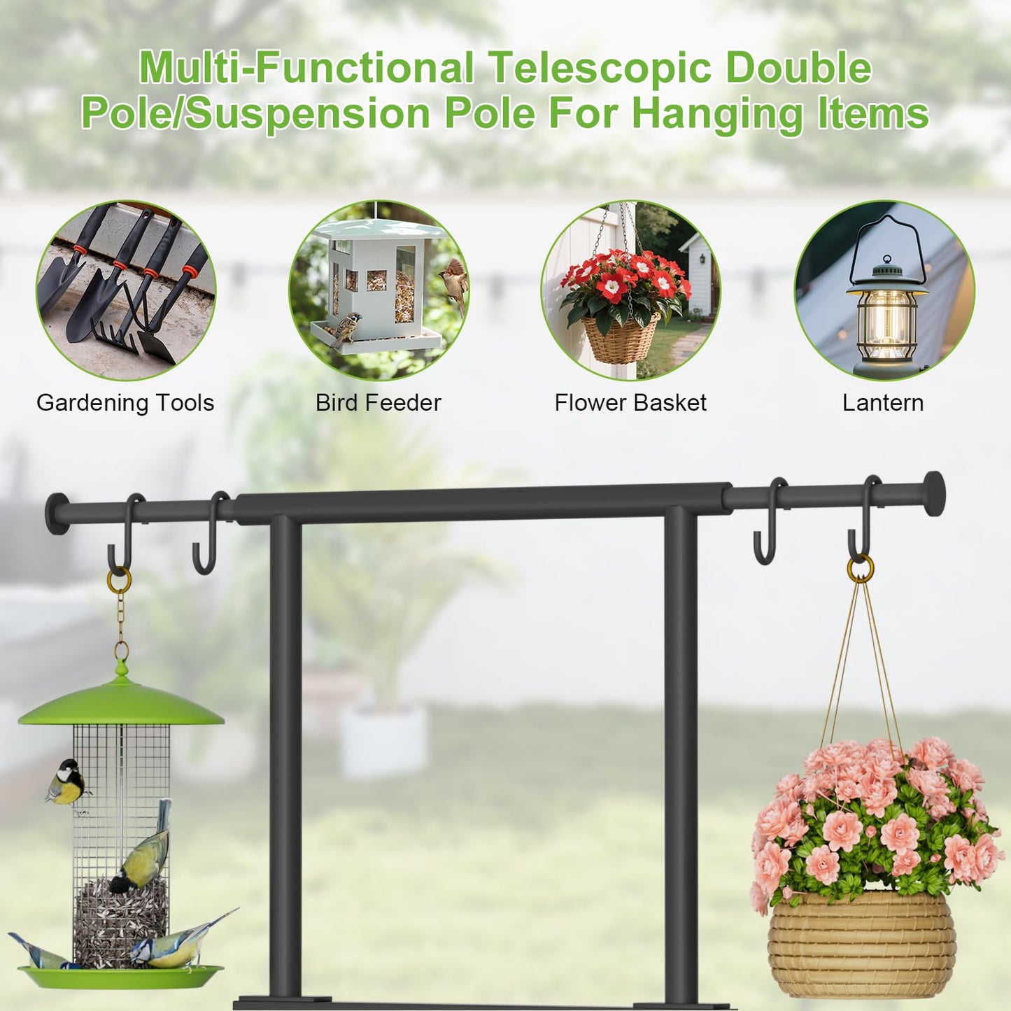 NEYCIL Garden Hose Holder with Telescopic Pole, Freestanding Garden Hose Stand Stake with 4 Spikes, Heavy Duty Sturdy Metal Hose Storage Rack and Hanger for Outside Yard Lawn Farm, Black