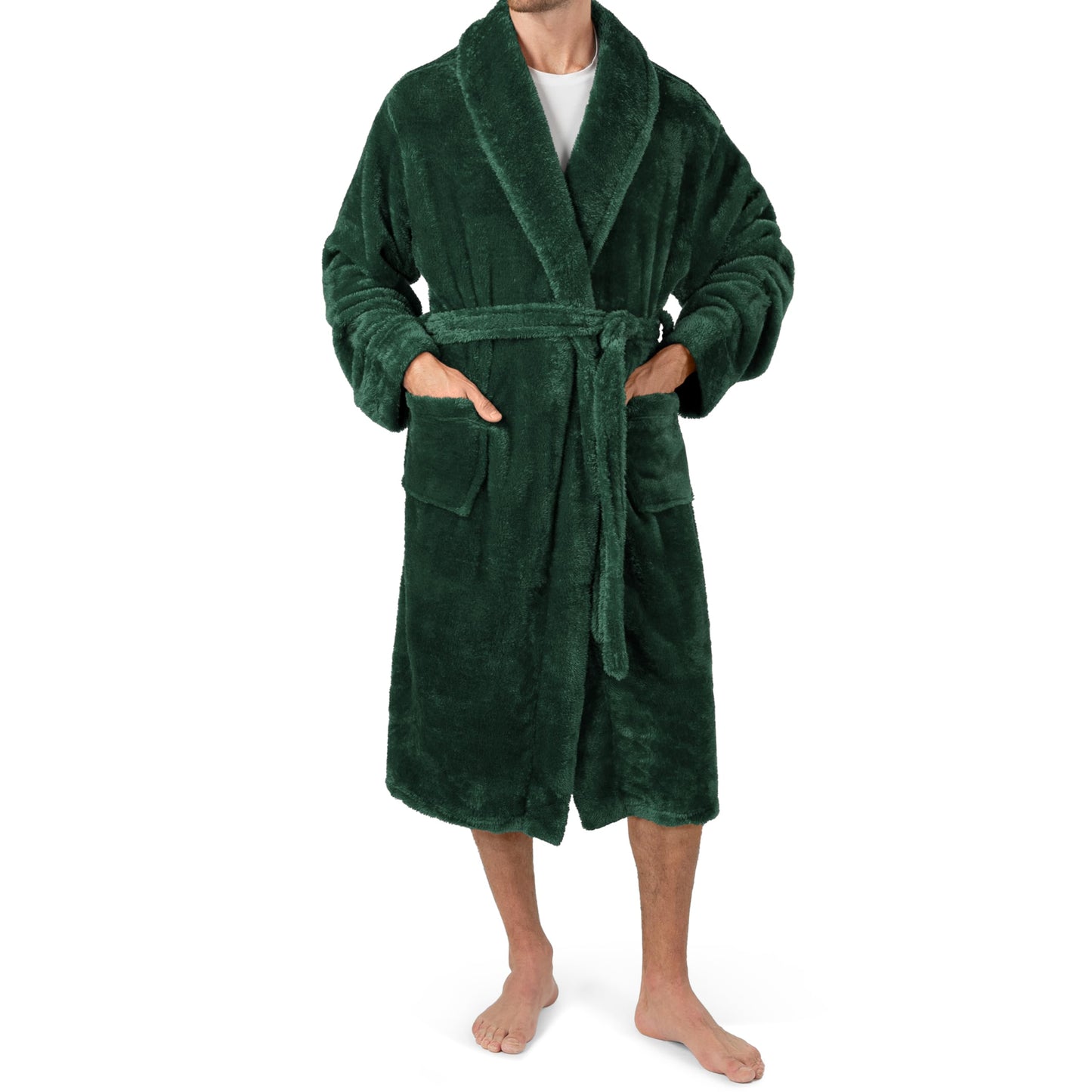 PAVILIA Mens Soft Robe, Plush Fluffy Fleece Bathrobe Men, Long Sherpa Shaggy Fuzzy Spa Bath Robe, Green, Small-Medium