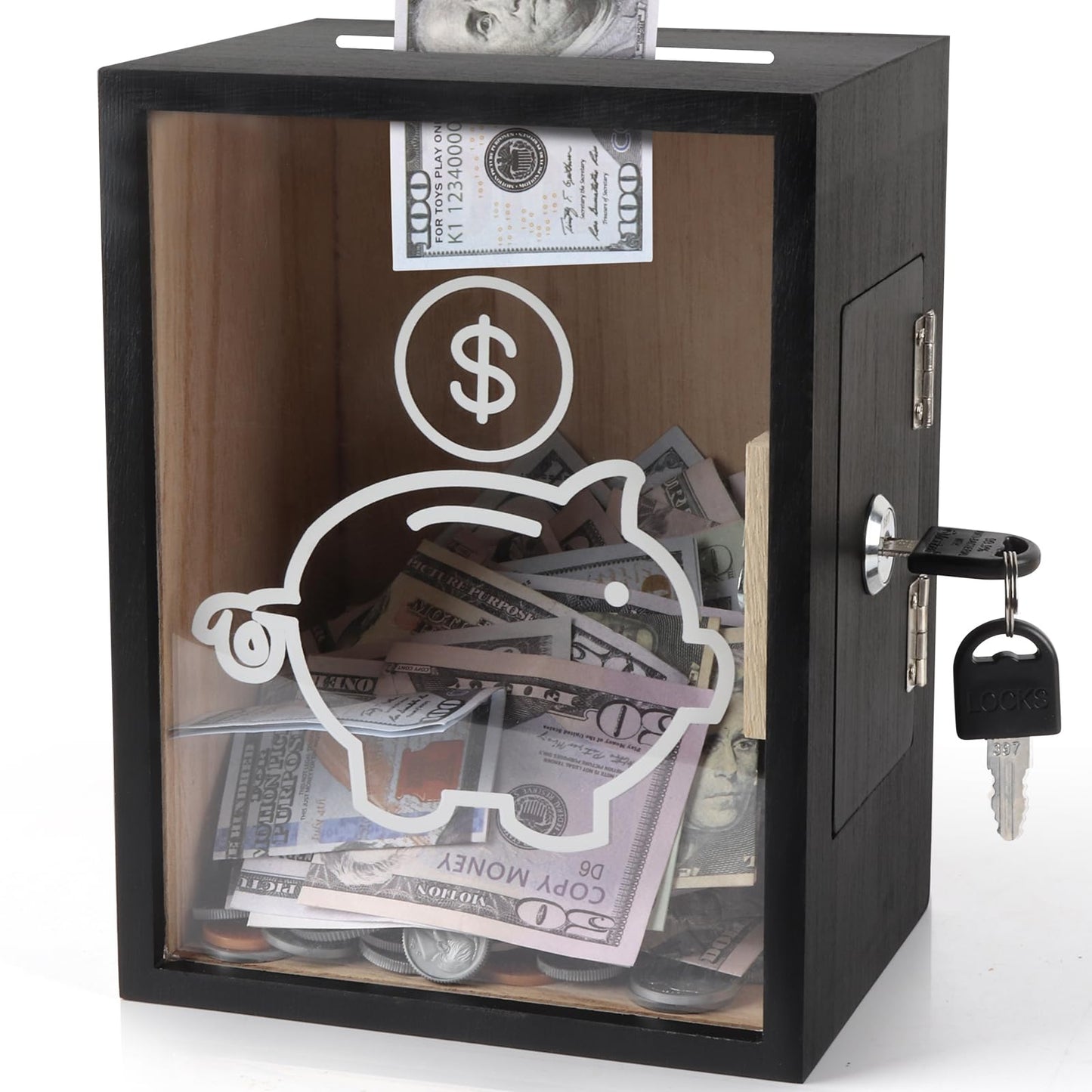 Mczxon Clear Piggy Bank with Lock, Large Money Saving Jar Money Bank Box Container for Cash Saving, Openable Clear Money Coin Change Bank Jar Container Penny Piggy Jar Bank for Adults Kids, Black