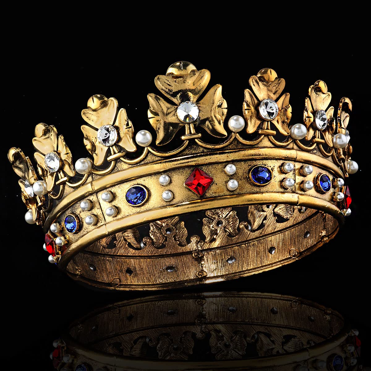 YADIRF Baroque Royal Crown Men's Metal Prince Hair Crown Full Circle Birthday Party Hair Accessories For Halloween Costume Party Prom, Large Size 7.28" Diameter, Alloy, Brass