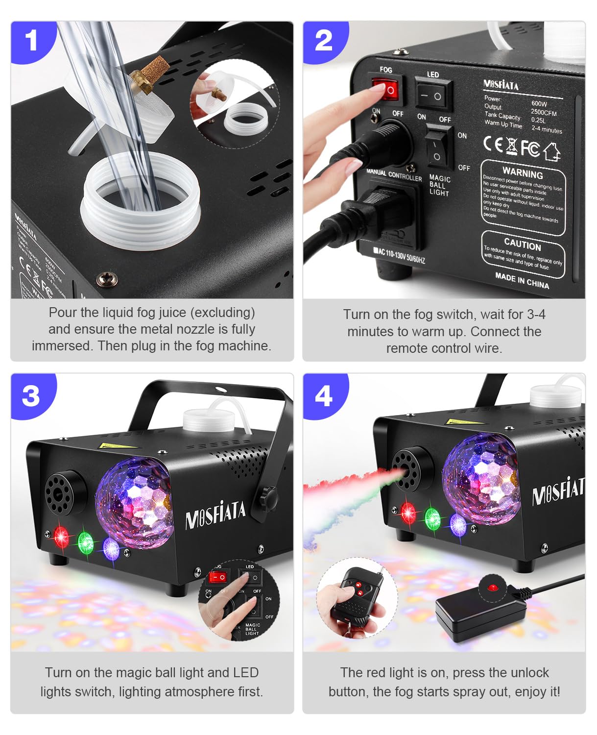MOSFiATA Fog Machine with Disco Ball Lights 600W Smoke Machine with RGB LED Lights, 2300 CFM Spray, Remote Control, Perfect for Halloween, Christmas, Wedding, Party, Club, DJ Stage Effect