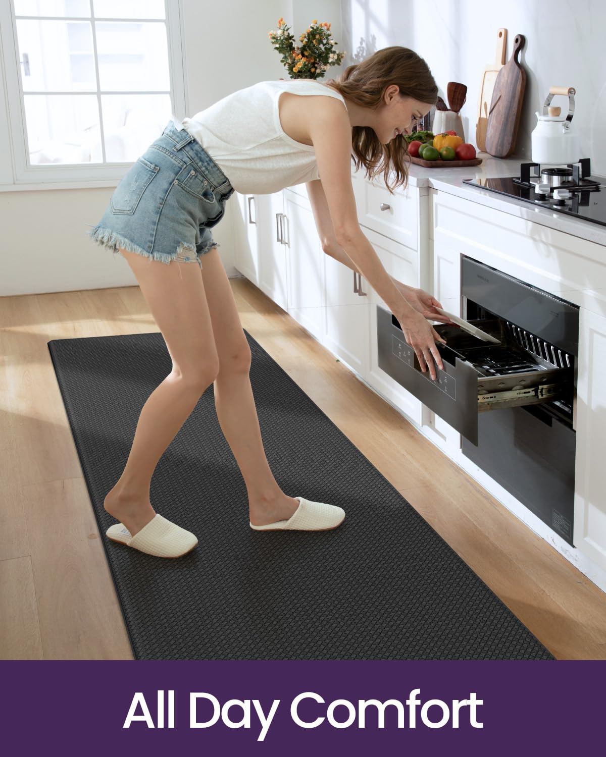 DEXI Kitchen Rug Anti Fatigue Mats for Floor, 24x86 Non Skid Cushioned Comfort Standing Desk Waterproof Runner, Black
