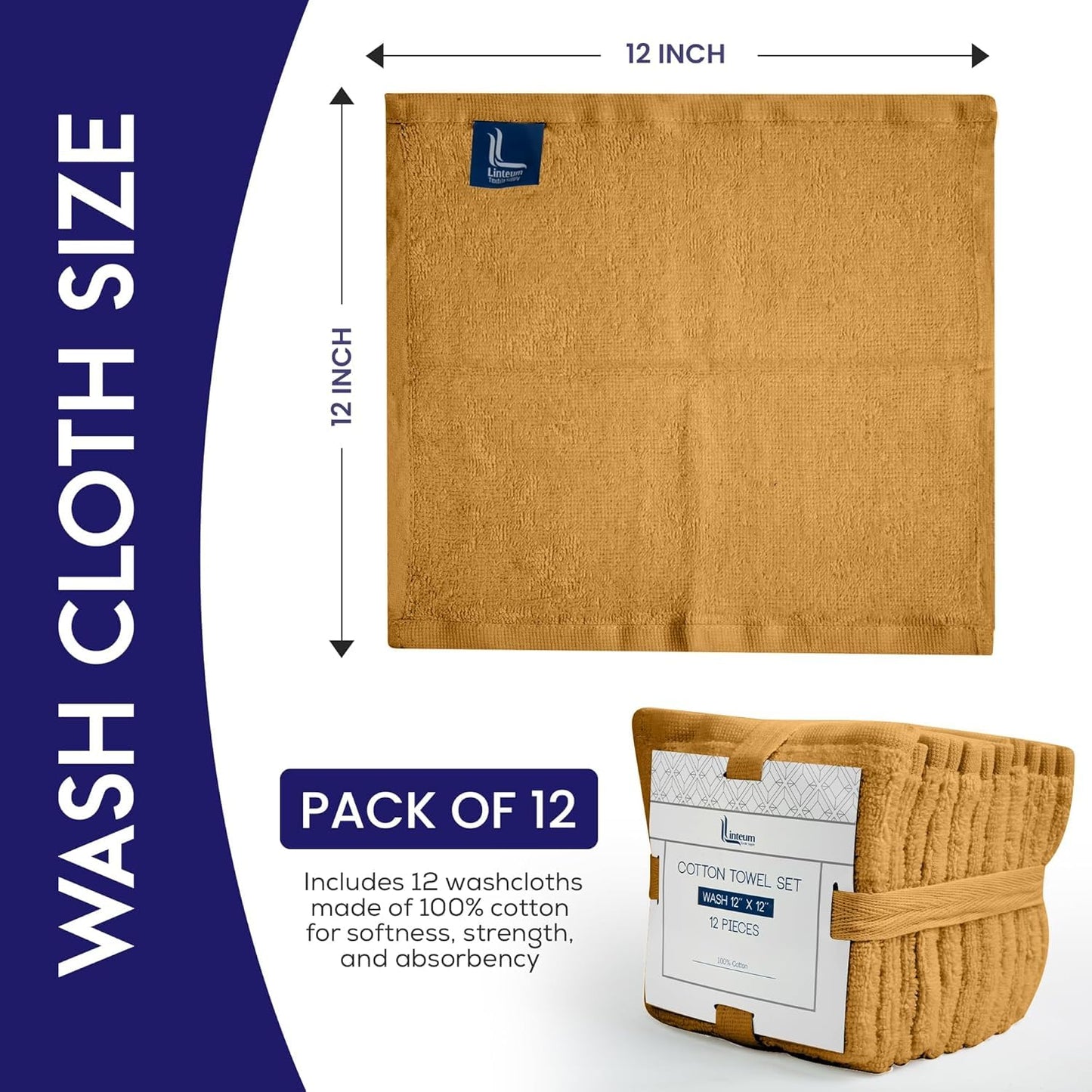 Linteum Textile Supply Linteum Textile Premium Wash Cloths Set - 12x12 Inches (12 Pack) Mustard - 100% Cotton Ring Spun Washcloths, Highly Absorbent & Soft Feel Face Towels for Bathroom, Spa and Gym