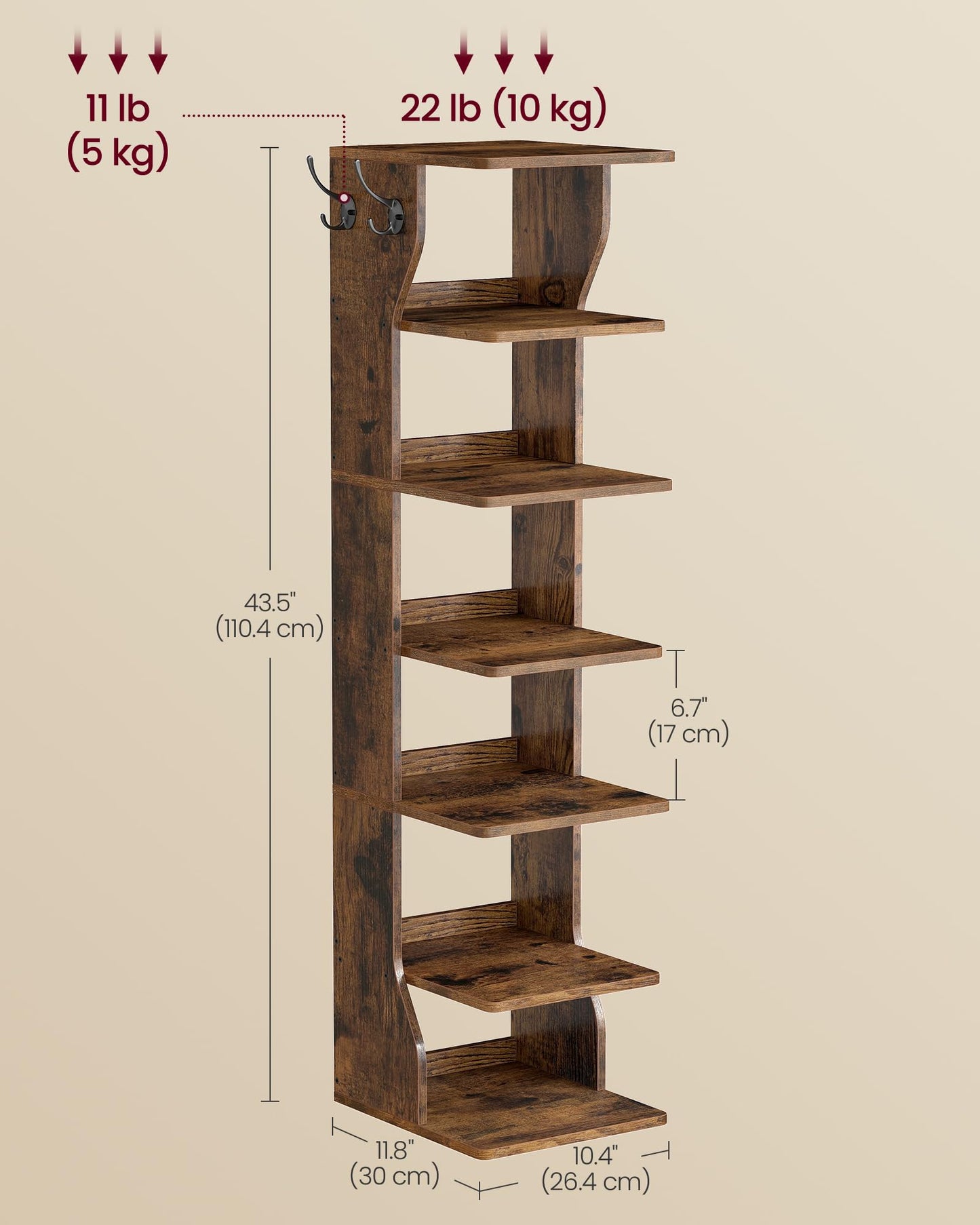 VASAGLE 7-Tier Vertical Shoe Rack, Narrow Shoe Storage Organizer with Hooks, Slim Corner Tower Shelf, Space-Saving for Entryway and Bedroom, Rustic Brown ULBS200KD01