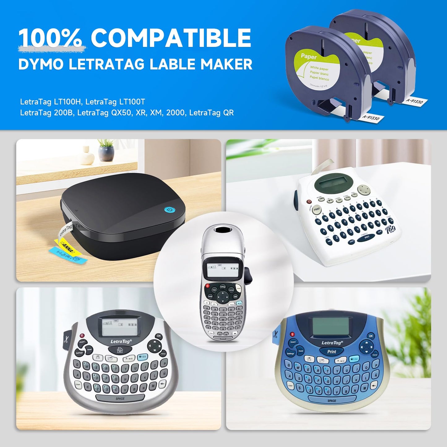 10PK Compatible with DYMO LetraTag Label Tape 91330(10697) Black on White 12mm Paper Labels Cassette Refill Compatible for DYMO LT-100H, LT-100T, LT-110T, QX 50 Label Maker,(1/2" x 13')