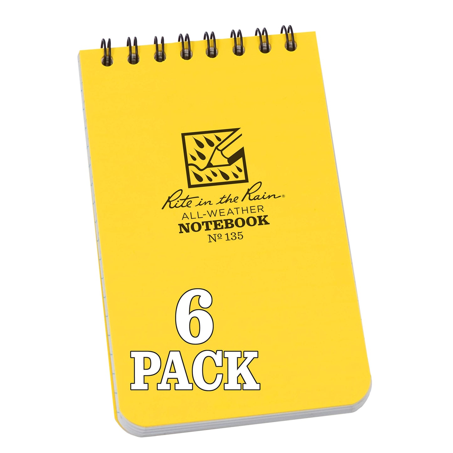 Rite in the Rain Weatherproof Top Spiral Notebook, 3" x 5", Yellow Cover, Universal Pattern, 6 Pack (No. 135L6)