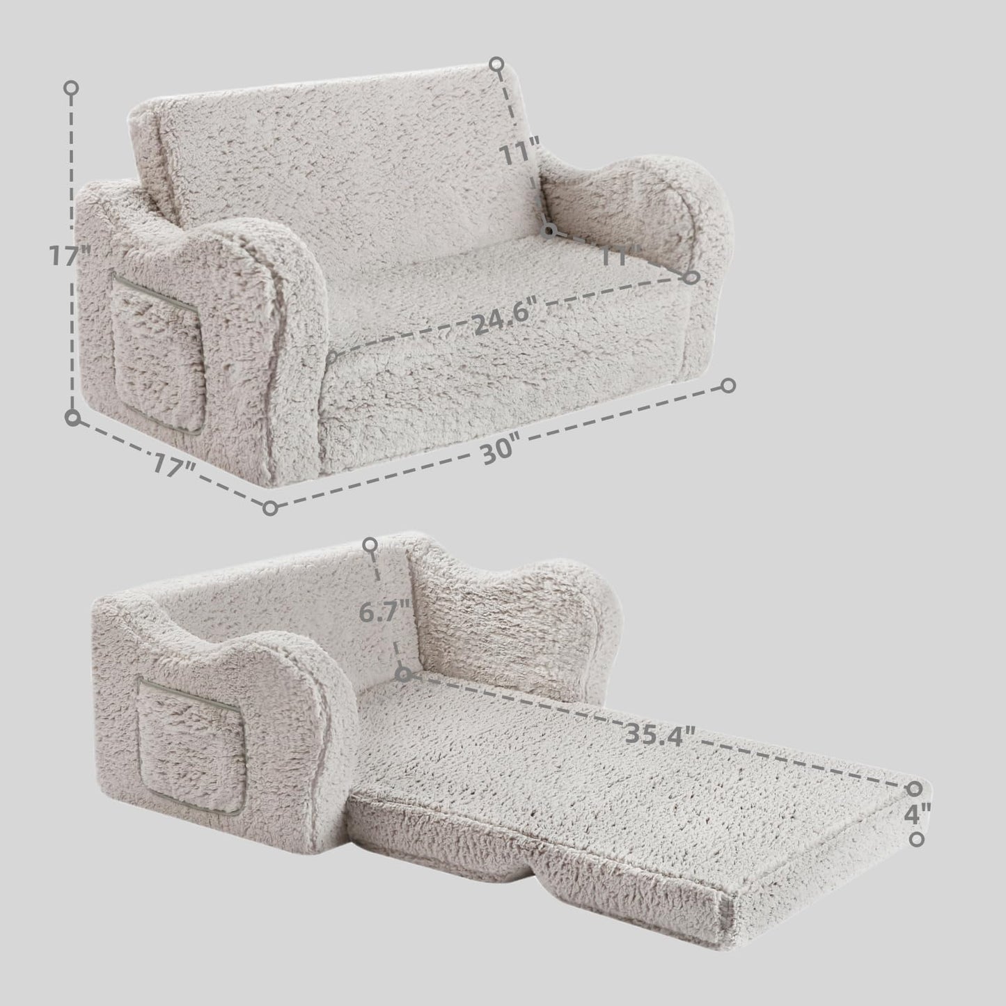 MOMCAYWEX Kids Sofa, 2-in-1 Flip-Out Foam Couch with Soft Sherpa Cover, Cozy Play Lounge Chair, Grey, Large