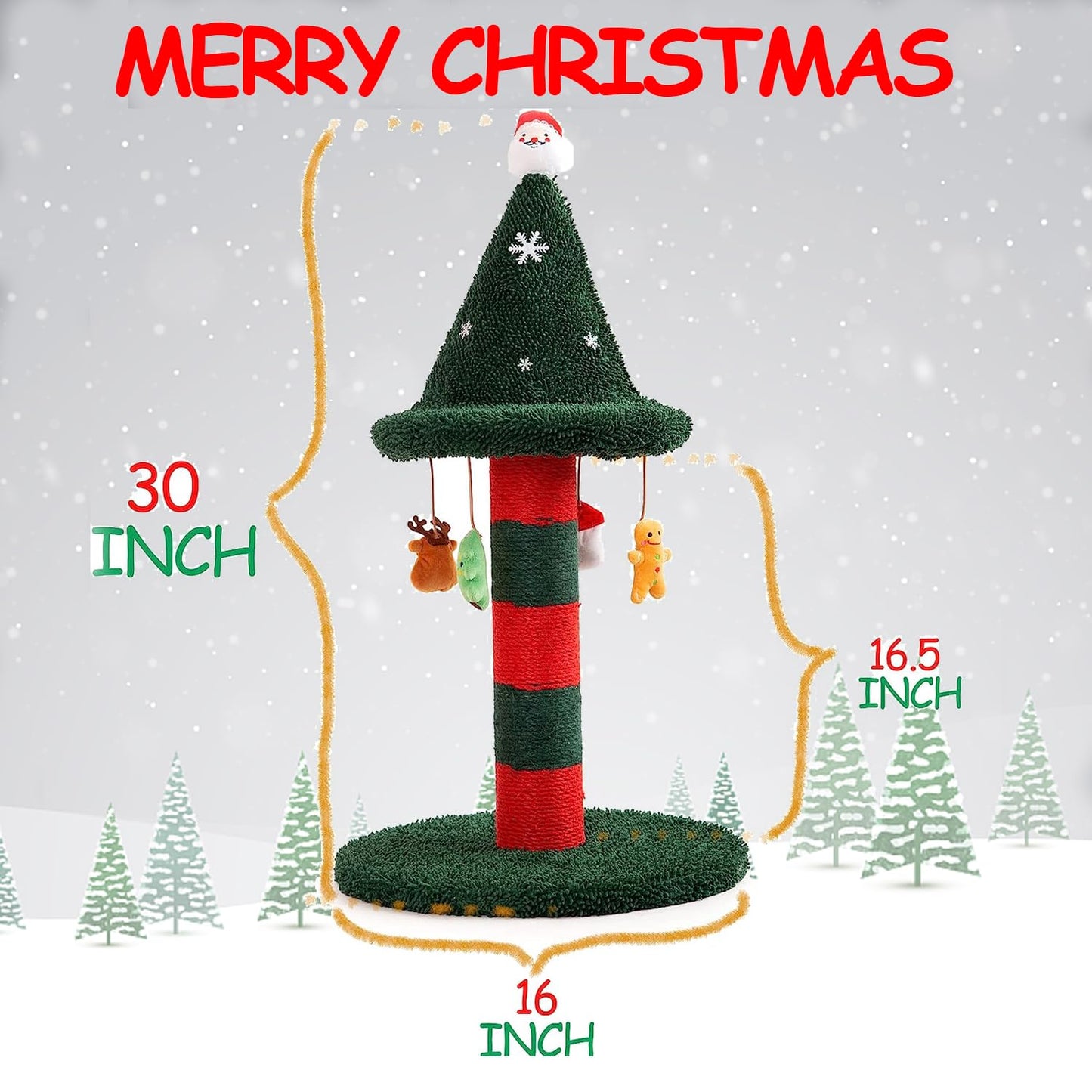 LUCKITTY Cat Scratching Post with 4 Hanging Plush Toy - Christmas Tree Alternative Give Your Cat a Toy and Scratching Post in One with This Ultimate Tree 30 * 15 Inch Red Green