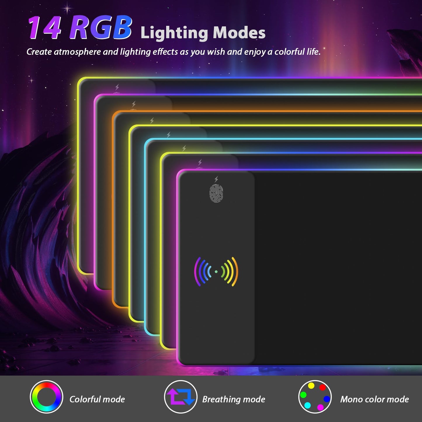 Wireless Charging RGB Gaming Mouse Pad, LED Mouse Pad 800x300x4MM, 14 Light Modes Extra Large Mousepad Non-Slip Rubber Base RGB Desk Mat for Gaming, MacBook, PC, Laptop, Desktop Acessories
