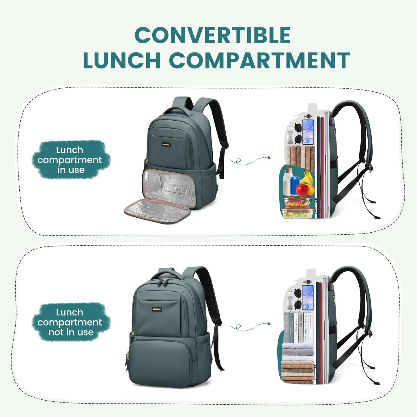 Lunch Backpack 16 Inch Laptop Backpack with Insulated Cooler Lunch Box Food Bag for College Work Camping Picnics (Atrovirens)
