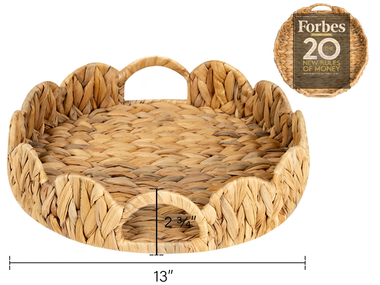 StorageWorks Scalloped Tray, Round Basket Tray Wicker Rattan Serving Tray with Handles, Scallop Basket Table Décor Trays, Water Hyacinth