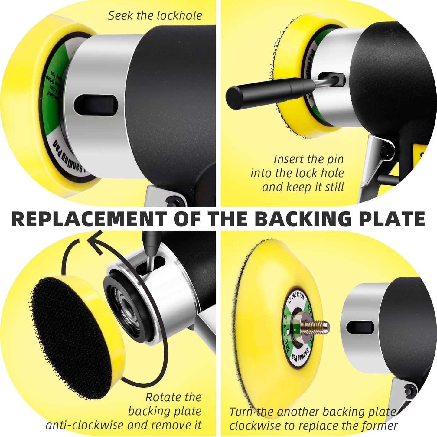 1/2/3 Inch Mini Orbital Sander 48pcs Dual Action Random Orbit Sander Polishing Set, High Speed Hand-held Air Powered Sander Polisher Machine with Sponge & Wool Pads & Sandpapers (Black Sander Set)