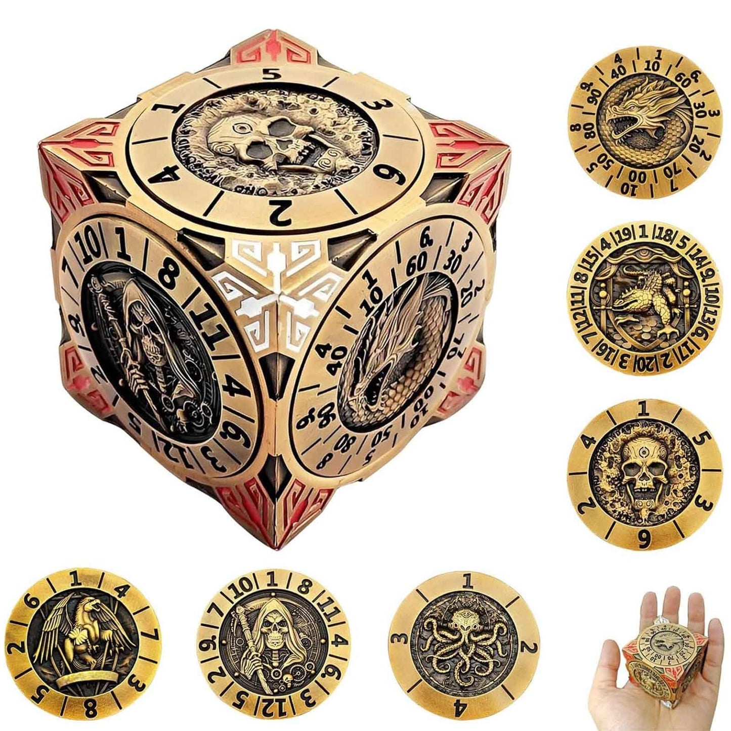 DND Spinner Dice, 7-in-1 Metal Dice Set with Gifts Case for DND Gifts, 3D Relief Polyhedral Roleplaying Game Dice, Fantasy D&D Tabletop RPG Dice (Ancient Gold)