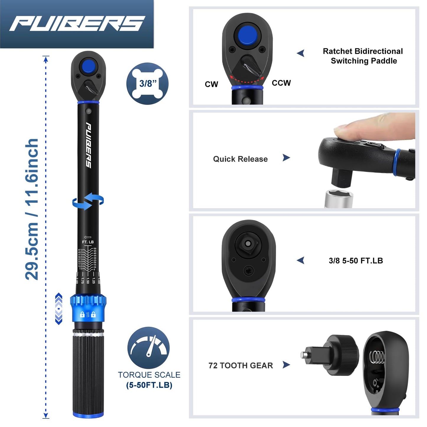 Puibers Torque Wrench 3/8 Drive Click 5-50 FT.LB/6.8-67.8 Nm,Moto Torque Wrenches Dual-Direction Adjustable 72 Tooth ±3% Precision, Mechanical Tools for Bike Car and Moto