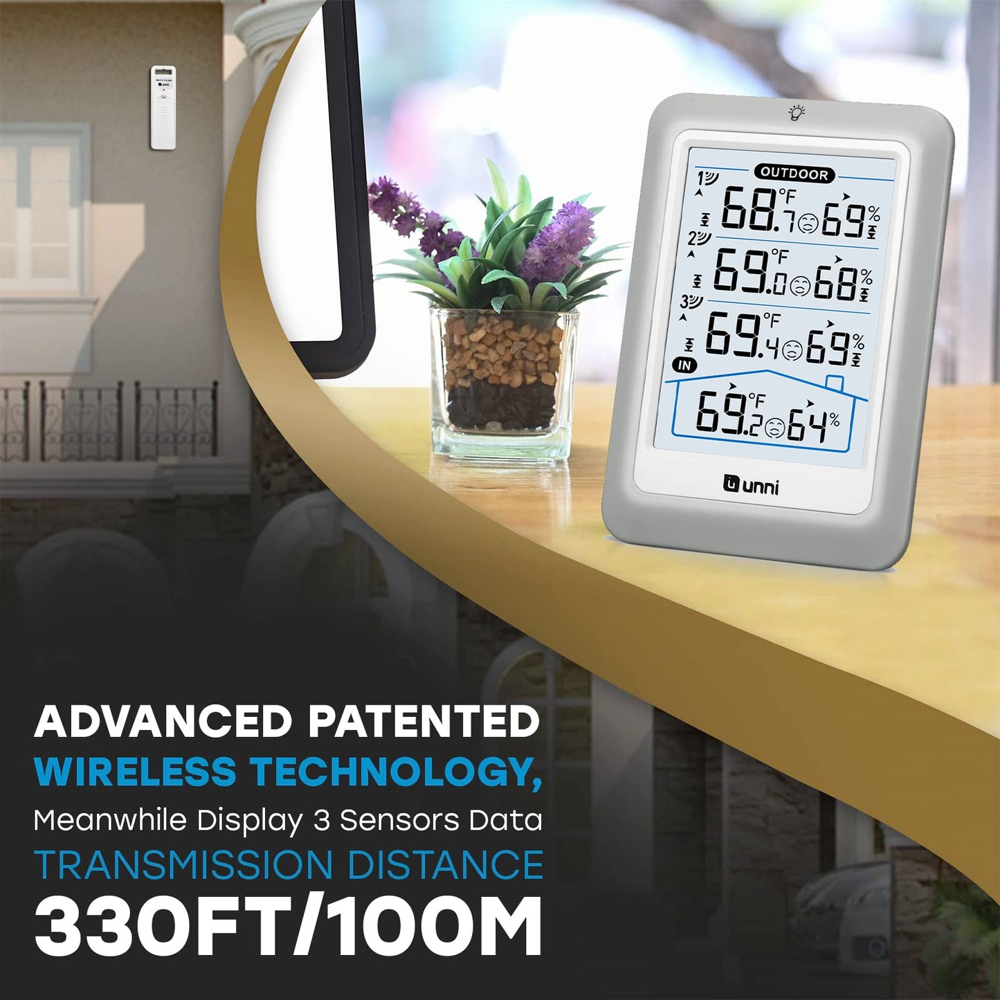 Weather Stations Indoor Outdoor Thermometer Wireless, 4.5 Inch Display Digital Hygrometer Thermometer Temperature Humidity Monitor with 330ft Range Sensor and Adjustable Backlight (White)