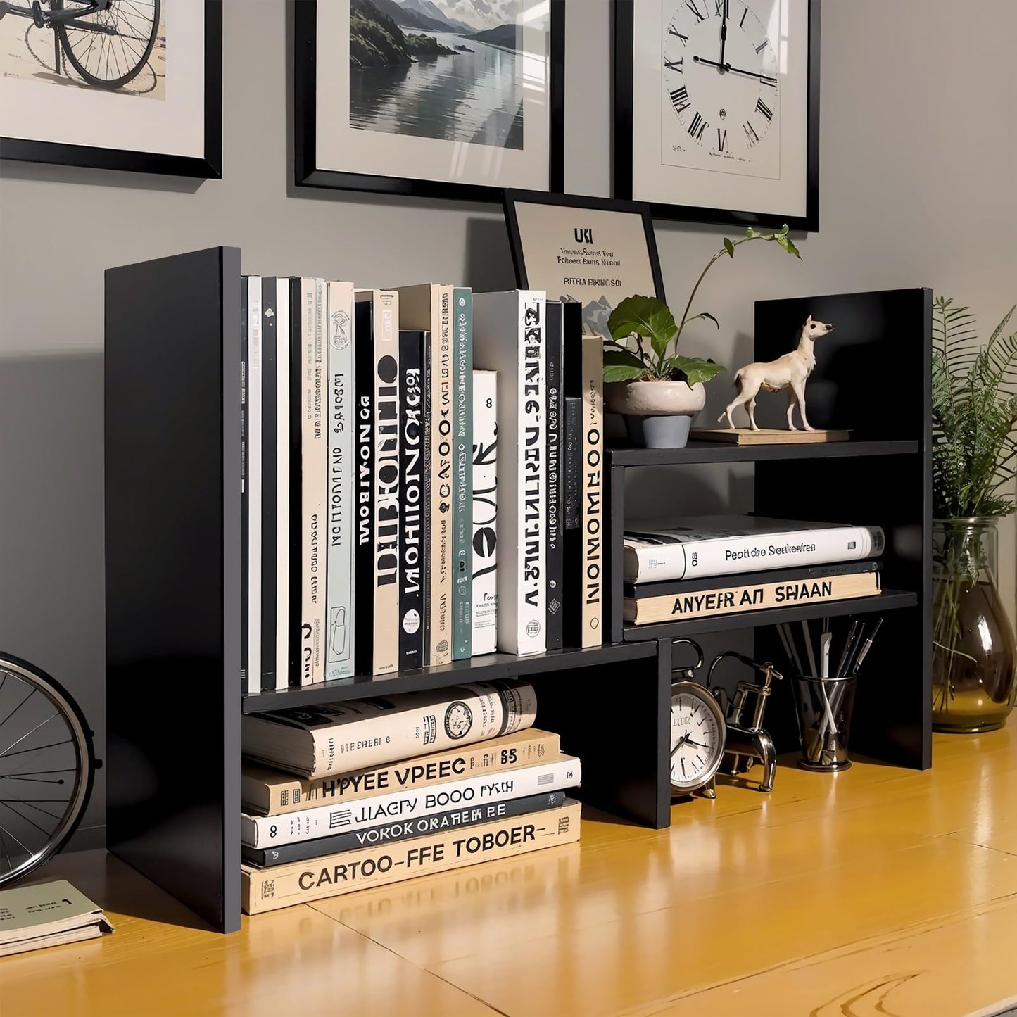 Olyzer Desktop Bookshelf Organizer, Adjustable Display Shelf Rack Office Storage Desk Shelf Free Style Display Stand Shelf Rack for Home Decor, Office (Black)