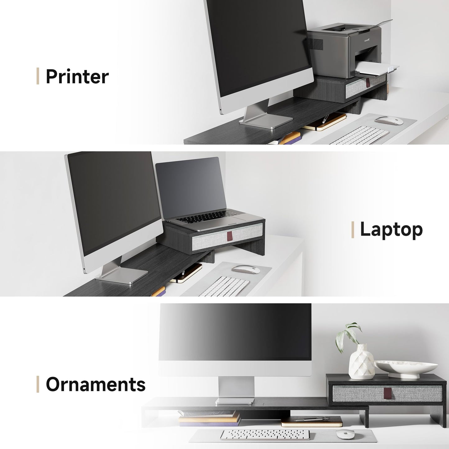 FENGE Dual Monitor Stand with Drawer - Adjustable 3-Tier Laptop Riser for Desk Organizer. Adjustable Length and Angle Desktop Laptop Stand,Office Organizer,Printer,Black