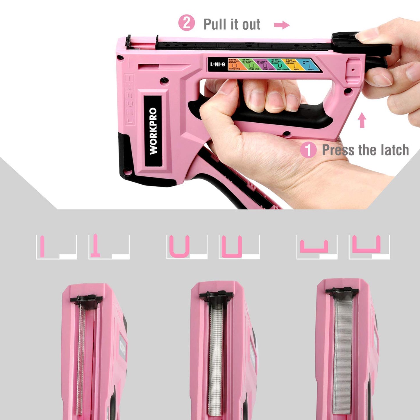 WORKPRO 6-in-1 Manual Staple Gun Kit, Pink Hand Brad Nailer with 4000pcs Staples, Portable Stapler for Upholstery, Crafts, Light Material Repair, Decoration, DIY, Furniture, and Carpentry