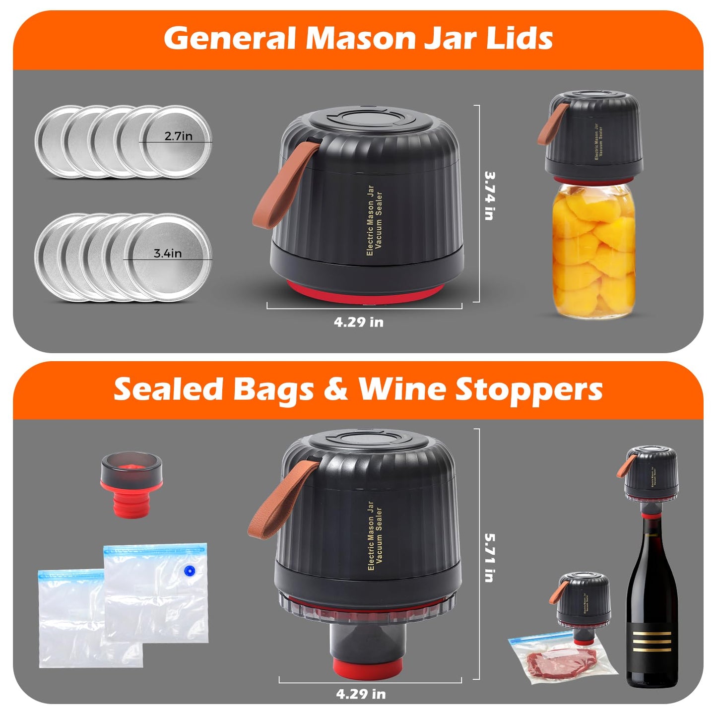 Electric Mason Jar Vacuum Sealer, Upgraded 3-in-1 Portable Vacuum Sealer Kit - for Mason Jars, Vacuum Seal Bags & Containers - Ideal for Canning Jams, Pickles, Dry Foods & Grains-Inky Black