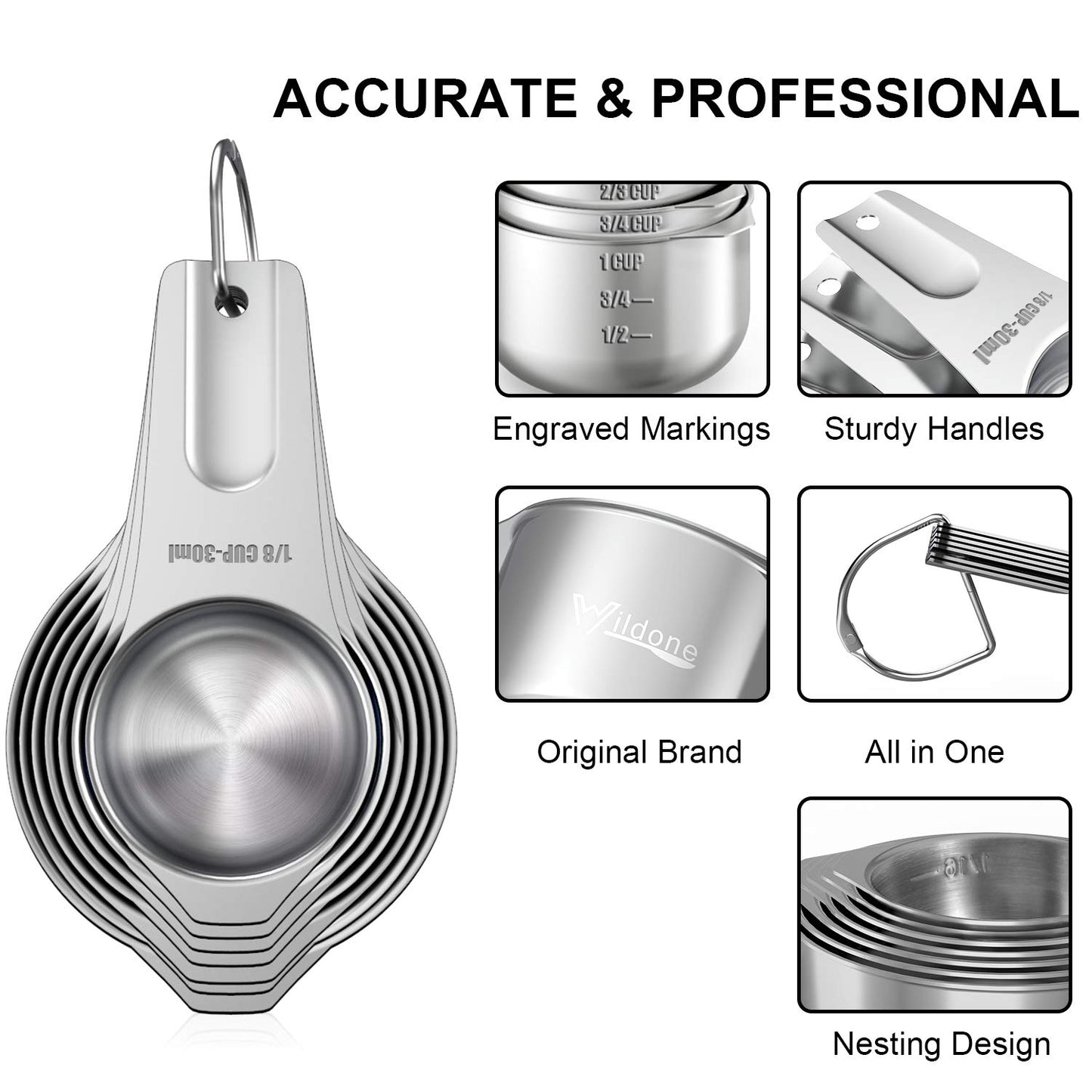 Wildone Measuring Cups & Spoons Set of 21 - Includes 7 Stainless Steel Nesting Measuring Cups, 8 Measuring Spoons, 1 Leveler & 5 Mini Measuring Spoons, Ideal for Dry and Liquid Ingredients