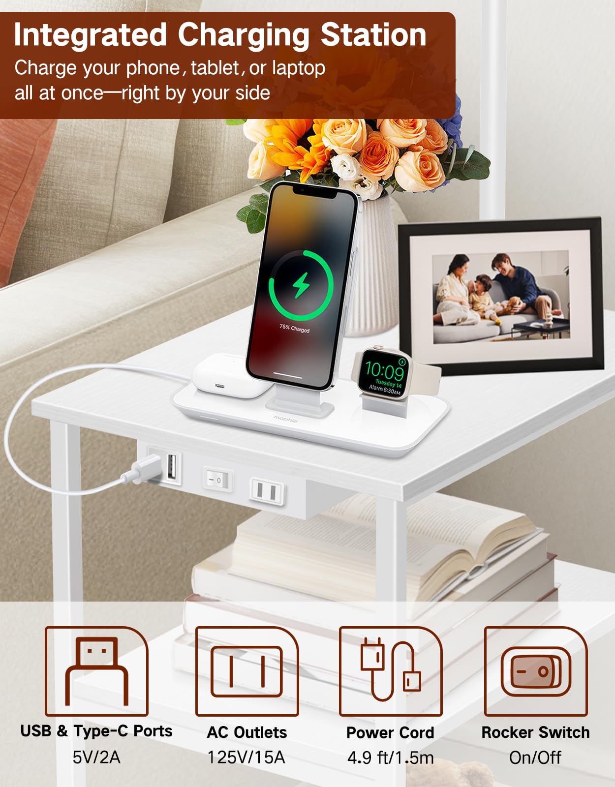 OUTONLIFE Floor Lamp with Table & Remote, Side Table with Charging Station, Dimmable Nightstand with 3 Color Temperatures, Open Shelves, 12W LED Bulb, End Table for Living Room, Bedroom, Office(White)