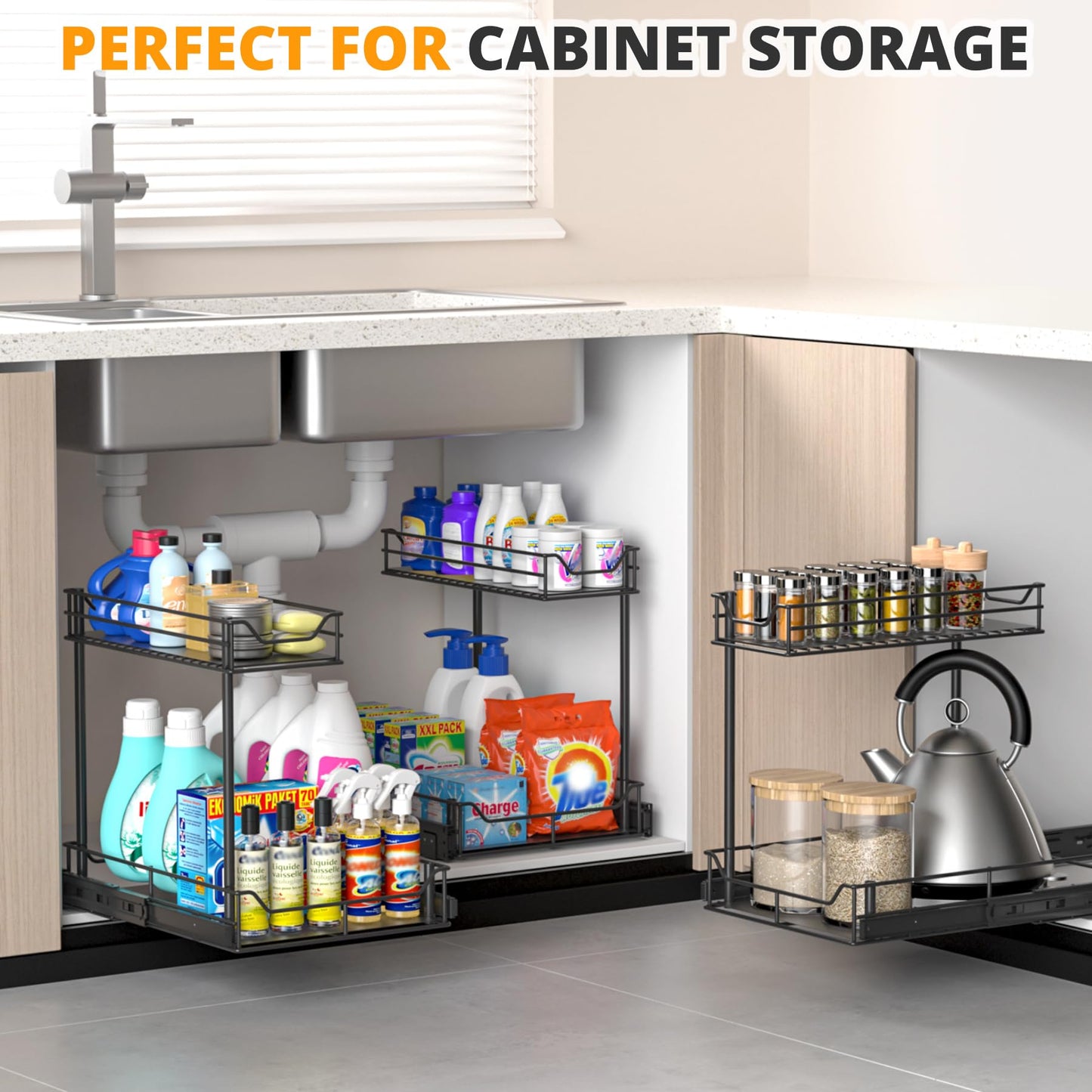 2 Pack Heavy Duty Under Sink Organizer, Pull Out Cabinet Organizer for KItchen Bathroom, 2 Tier Kitchen Sink Organizer and Storage, Fully Extendable, Large-sized, 16.7"D x 13"W x 15.7"H
