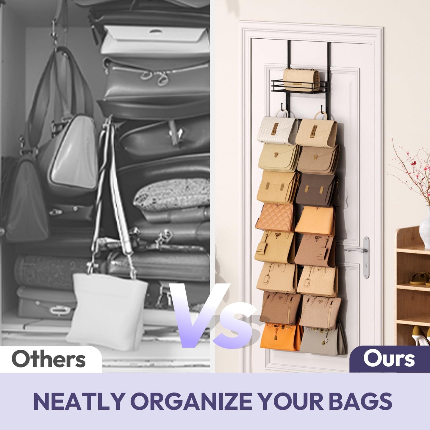 SWTYMIKI Over The Door Purse Organizer - Wall Mounted Handbag Organizer with 16 Hooks and Metal Basket, Hanging Purse Storage Rack Holds up to 16 Bags, Bag Rack Can Use As 1/2 Part, for Door, Closet