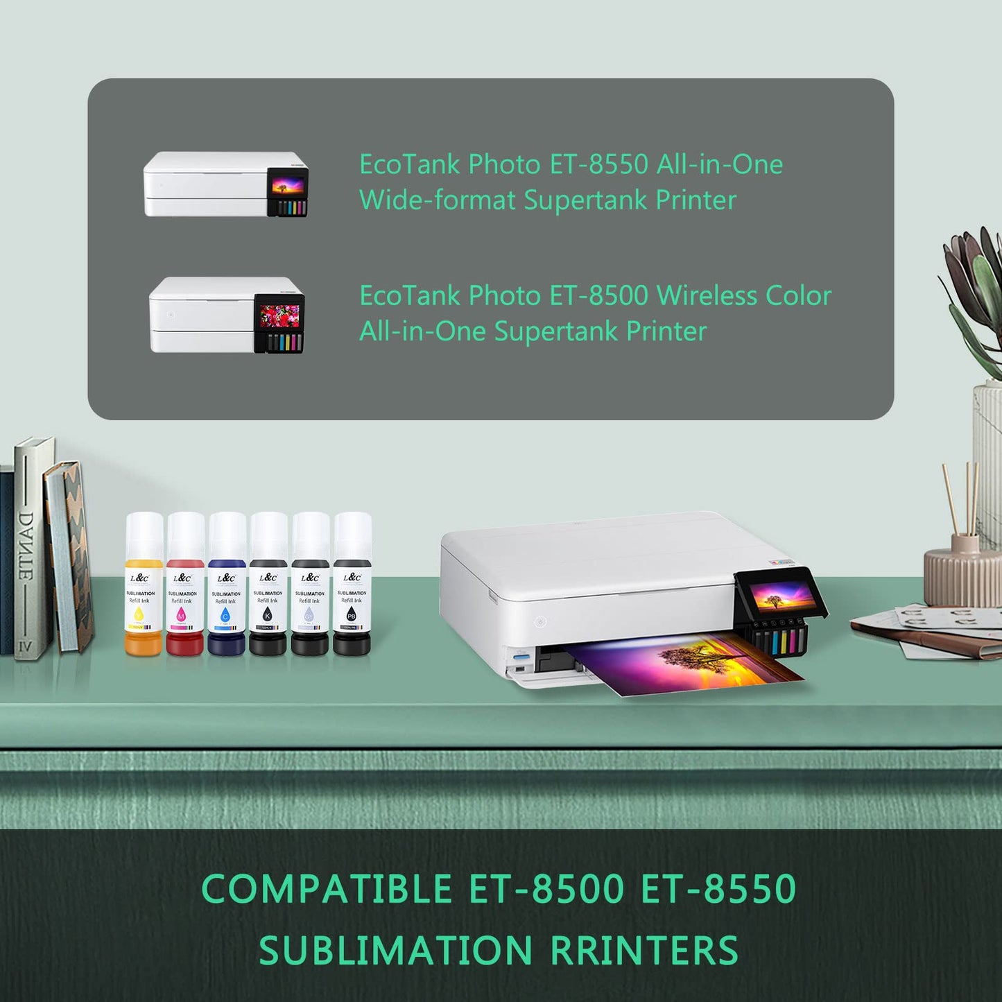 L&C Sublimation Ink Refill for ET-8500 ET-8550 Wide-Format Supertank Printers Heat Press Transfer on T-Shirt Tumblers Vibrant Colors Non-Fading Anti-Clog Auto-Fill ICC-Free (6x70ML, BK PB C M Y GY)