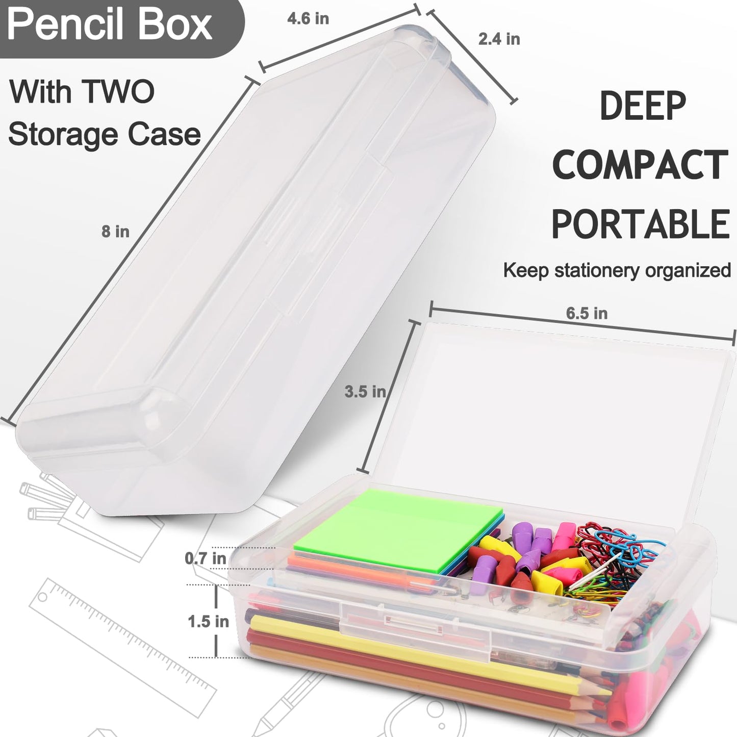 6 PCS Pencil Box,Large Capacity Double Layer Pencil Box,Hard Pencil Case with Snap-Tight Lid, Plastic Pencil Boxes for Office School Supplies,Storage Organizer Pen Boxes for Gel Pens-Transparent